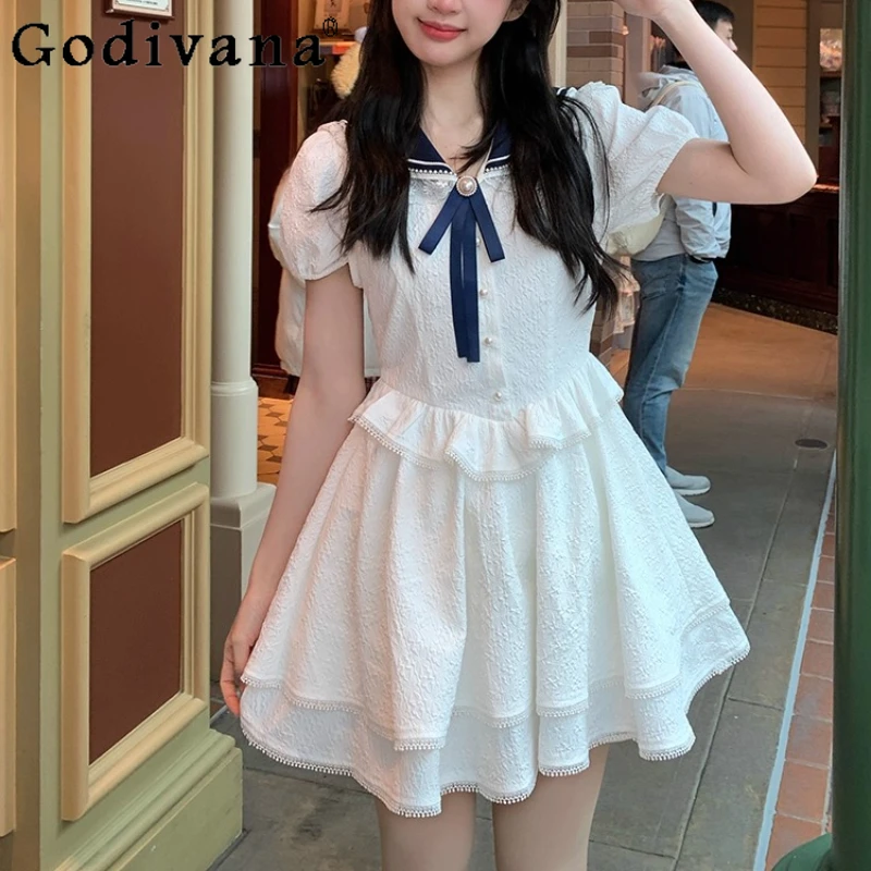 

Sweet Age-reducing Navy Collar Puff Sleeve Japanese Dress Summer Cute High Waist A-line Jk Temperament Cake Princess Dresses