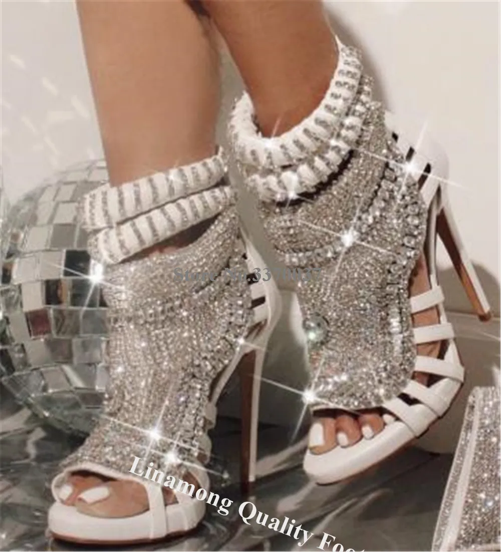 Linamong Bling Bling Rhinestones Cut-out Stiletto Heel Short Boots Open Toe White Nude Black Diamonds Crystals Thin Heel Sandals