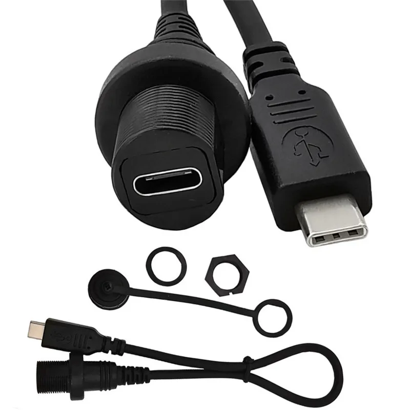 IP67 방수 타입-c 케이블 USB C 암-암 패널 마운트 커넥터 연장 코드 30cm USB-C 방수 케이블 타입 C Male to Female USB-C 컨버터 어댑터 Type-C 패널 마운트 잭에 더스트 커버가 장착되어 있습니다