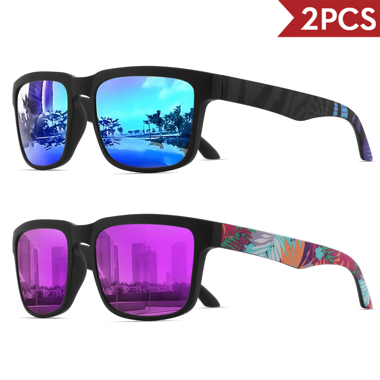 2 quadratische Sport-Sonnenbrille mit Designer-Tempelmuster – UV400 für Männer und Frauen, Strandurlaub