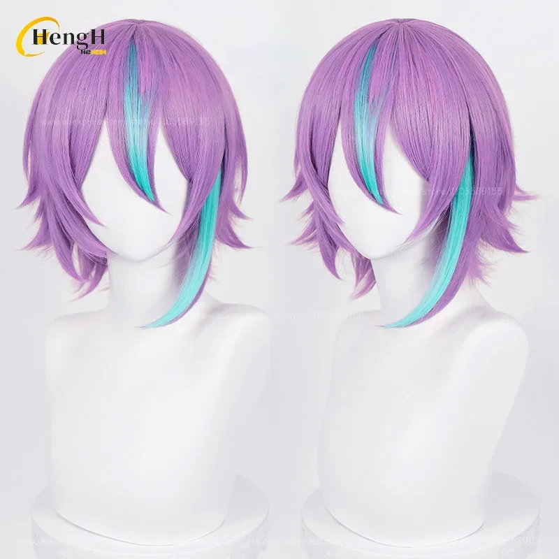 Kamishiro Rui Synthetic Hair Anime Short Purple Highlights Blue Cosplay Wig Earring Ear Heat Resistant Hair Halloween Party Wigs