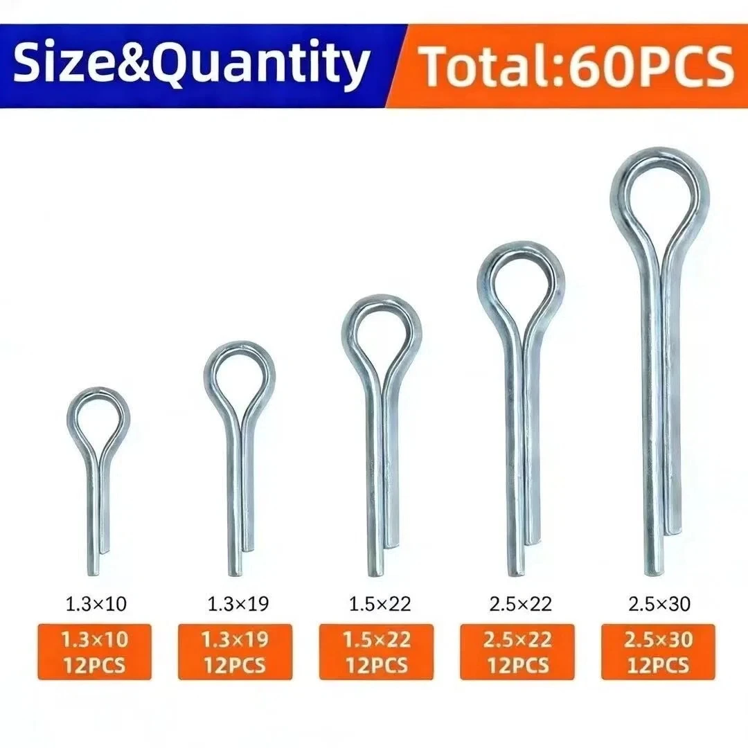 60pcs Assorted Sizes Silver Split Pin Cotter Fixings Zinc Plated Steel Hard Case Link High Quality