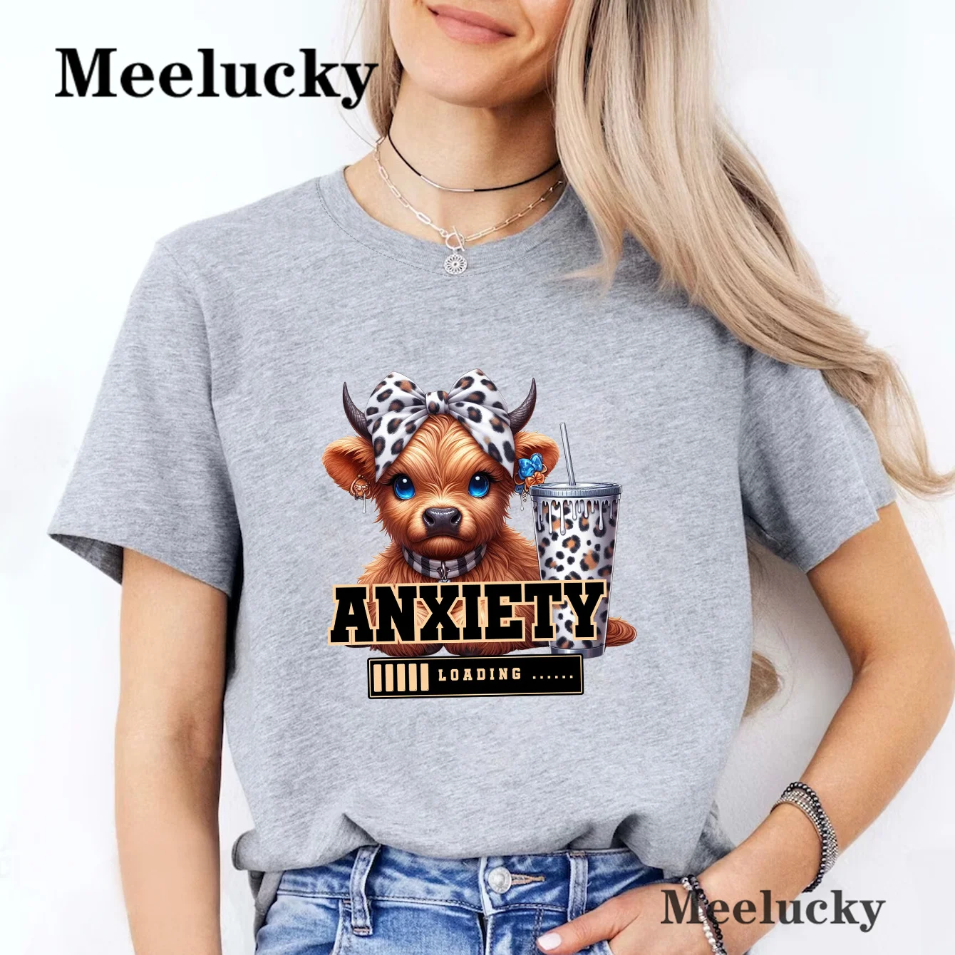 Cute Highland Cow Anxiety Loading T Shirt Women Cotton Short Sleeve Loose Casual Street Women\'s Clothing