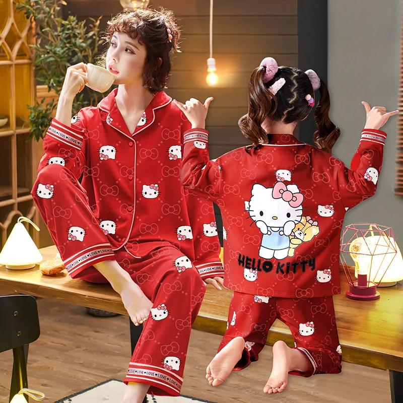 

Детская Пижама Sanrio с героями мультфильмов Hello Kitty, новинка, осенняя Хлопковая пижама с длинным рукавом для родителей и дочери, комплект домашней одежды