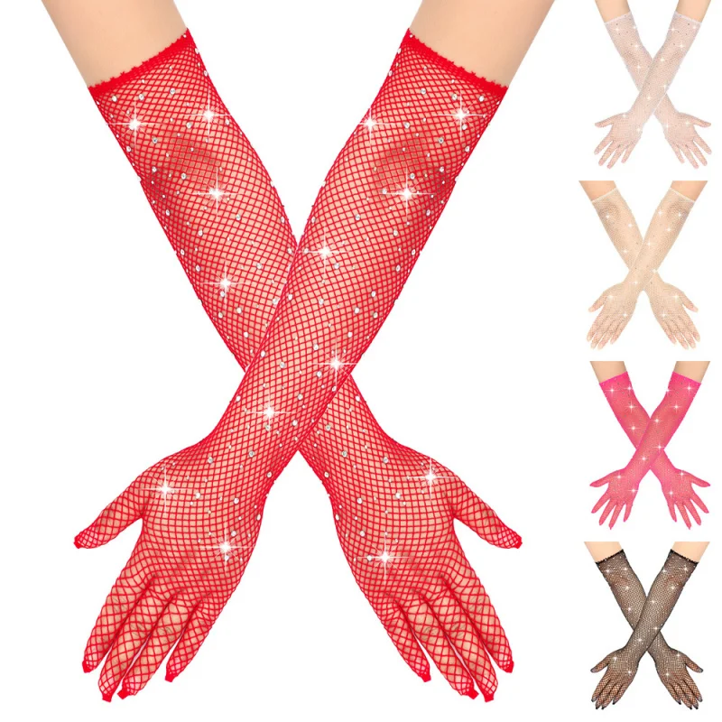 女性用ラインストーンフィッシュネットグローブロングストレッチ肘丈メッシュスリーブ結婚式パーティーハロウィンサマースリーブビーズ刺繍