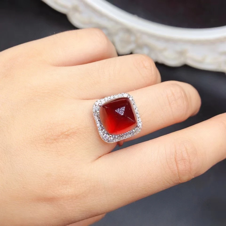 

11mm*11mm 6ct Natural Garnet Ring for Office Woman Sugarloaf Gemstone 925 Silver Ring 3 Layers 18K Gold Plated Garnet Jewelry