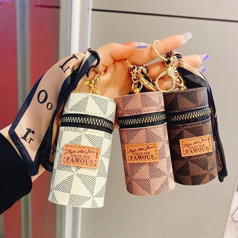Luxury Leather Bucket Lipstick Pendant Earphone Bag Lipstick Mini Keychain Bag Key Pouch Women Accessories Keyring Gift