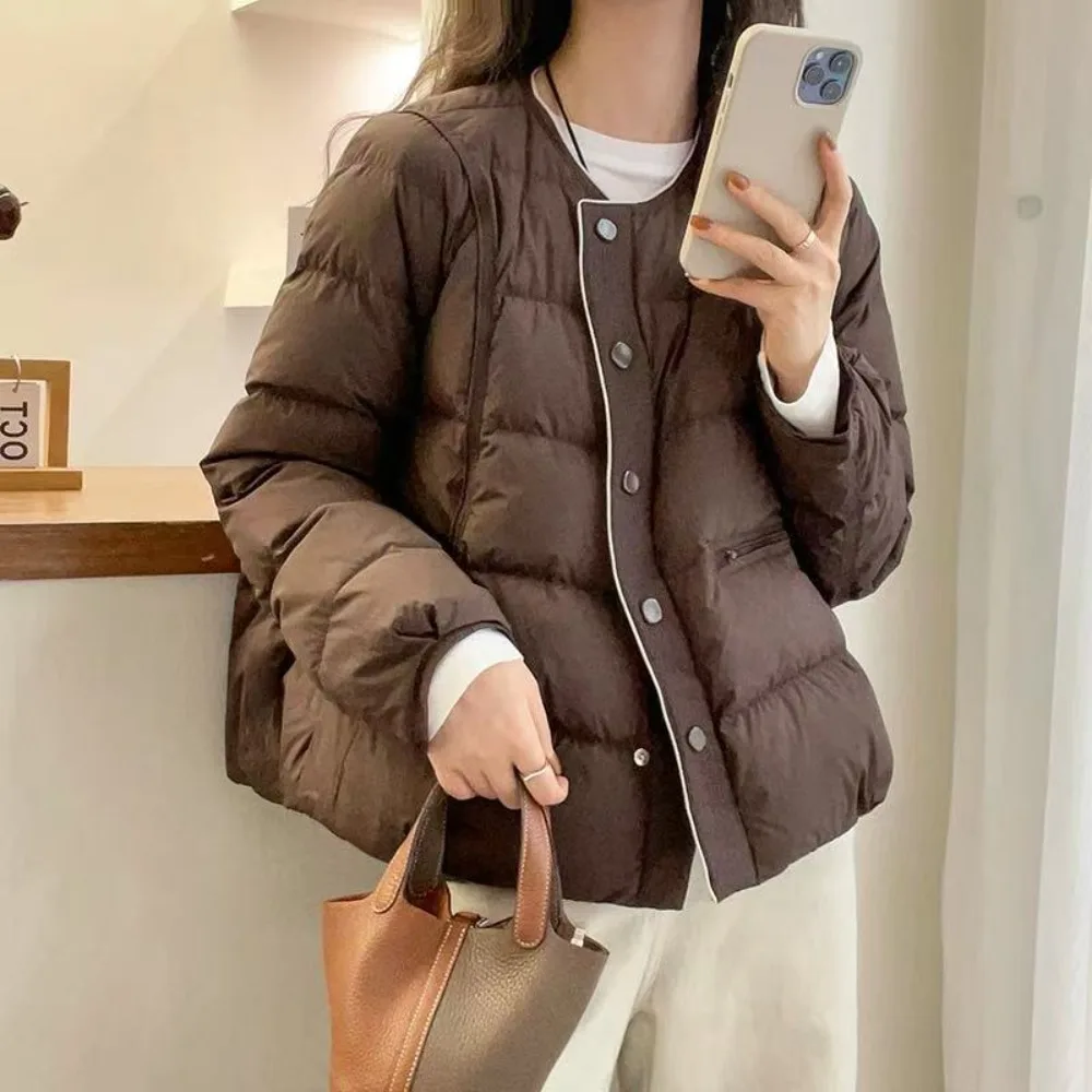 Light Down Jacket Warm Women Minimalist Quilted Winter Fashion Round Neck Solid Color Versatile Female Outerwears Loose Jackets