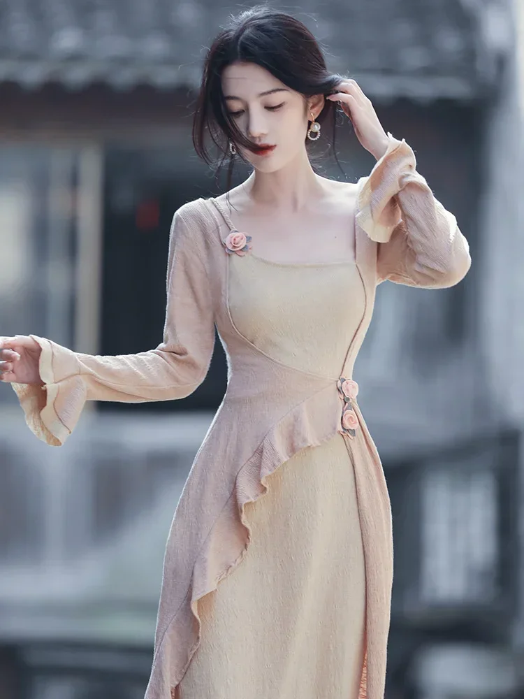 

New Chinese Dress Elegant Women's New Spring Summer Unique Gentle Fairy Dress Splice Small Design Long Dresses Femme