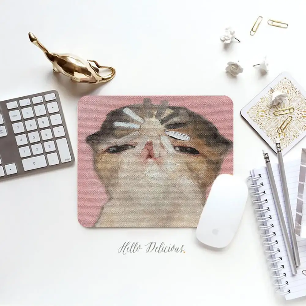 Cute Oil Painting Kitten Small Gaming Mouse Pad Funny Cat Anti-slip Lock Edge Deskmat PC Gamer Laptop Keyboard Desk Protector
