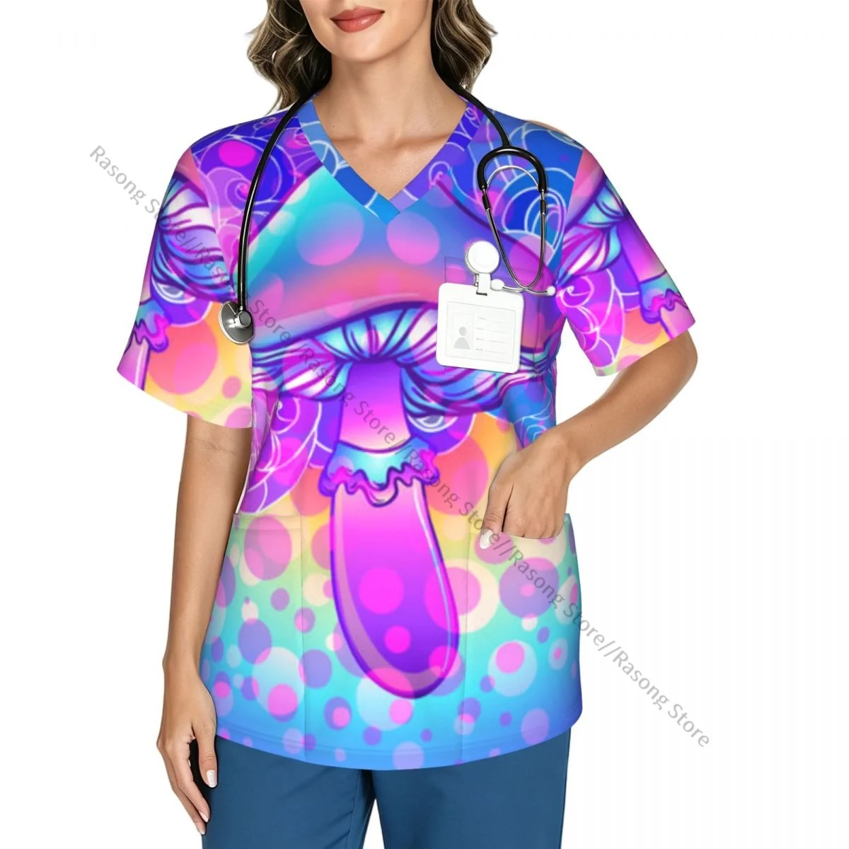 Women's Scrub Tops Short Sleeve Workwear Shirts Fitness Nursing Uniform Magic Mushrooms Colorful Pullover Doctor Nursing Shirt
