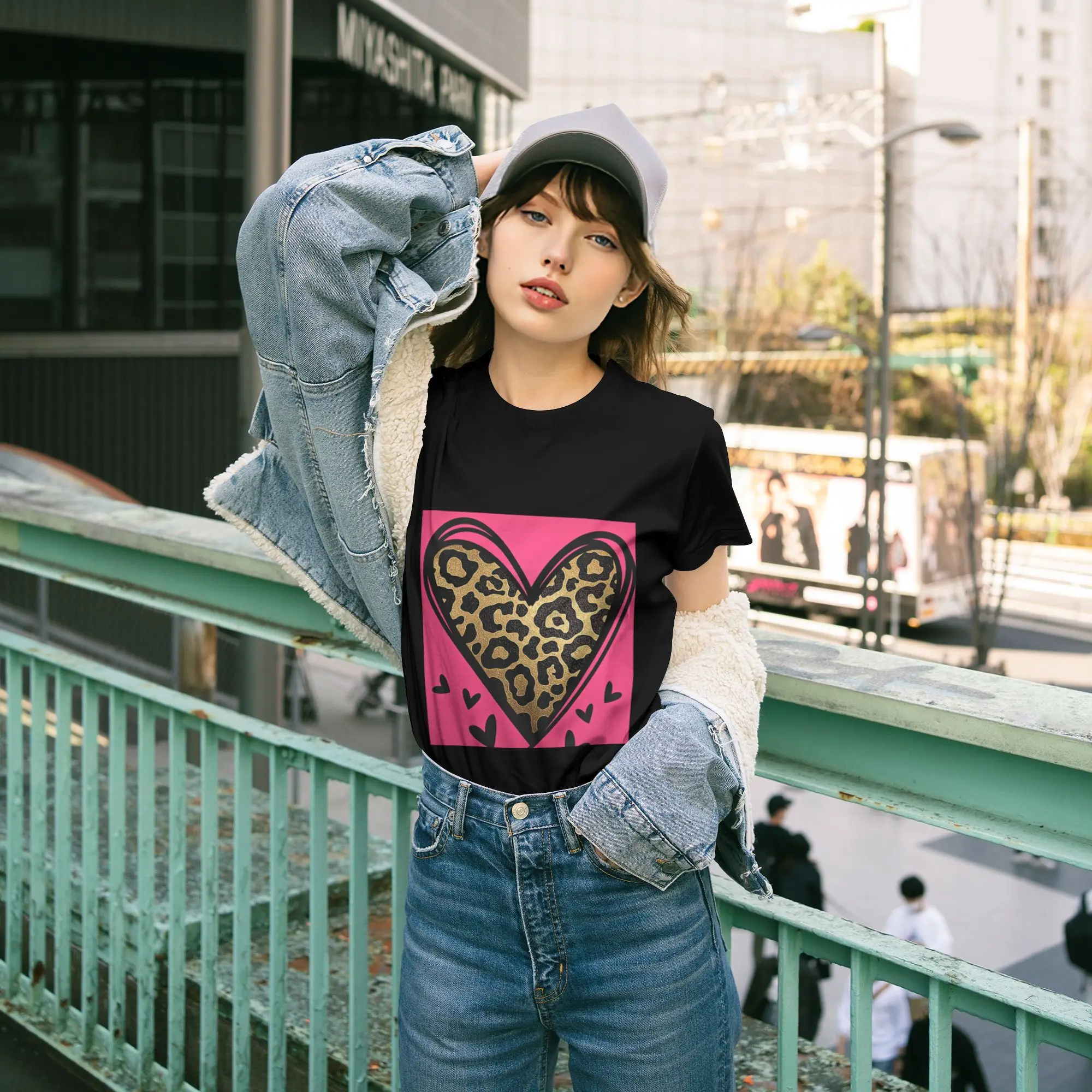 

Pink Leopard Heart Graphic Tee Soft Cotton Short Sleeve T-Shirt