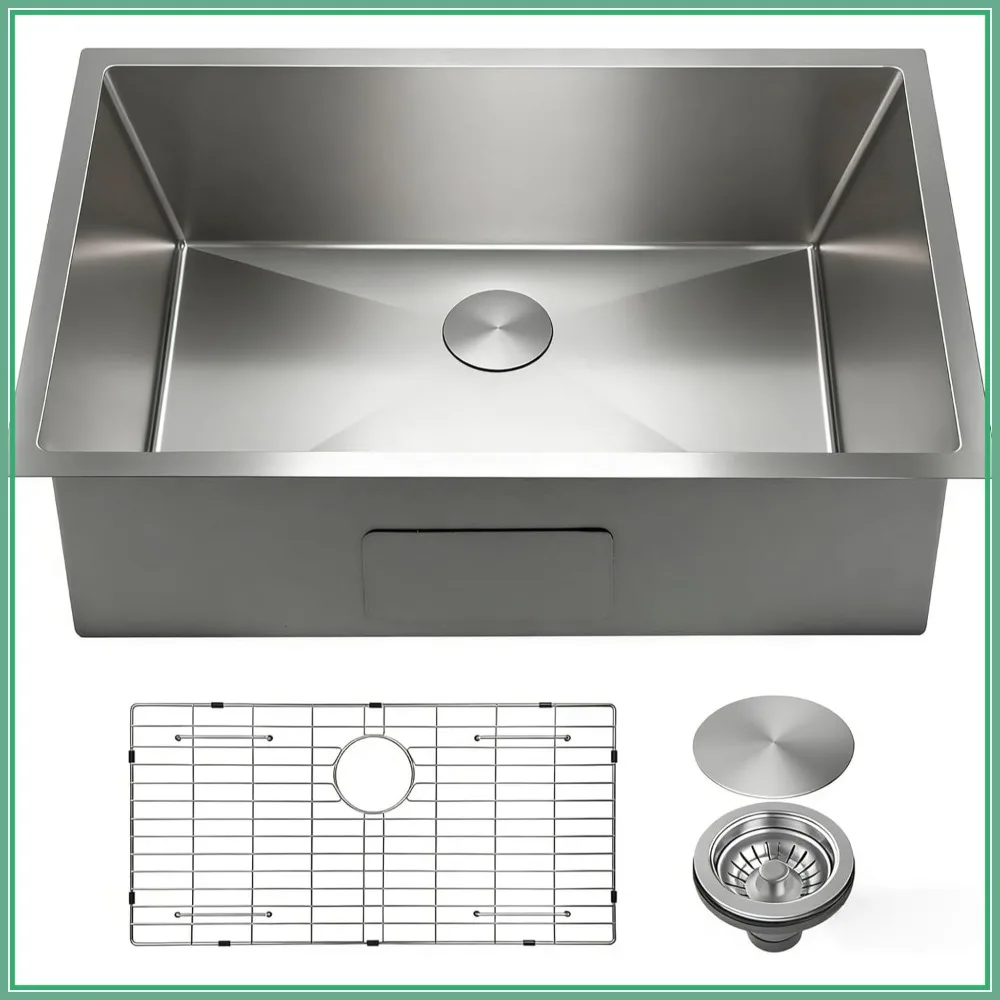 

28 x 18 Inch Undermount Kitchen Sink with Quiet Drain, Bottom Grid - 11 Gauge Stainless Steel Single Bowl