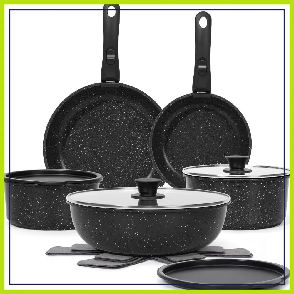 

15Pcs Pots and Pans Set Non Stick, Cookware Sets with Detachable Handle, Nonstick RV Kitchen Cooking Tools Removable Handles, Oven Safe, Induction Fast, Stackable Induction Cookware, Black