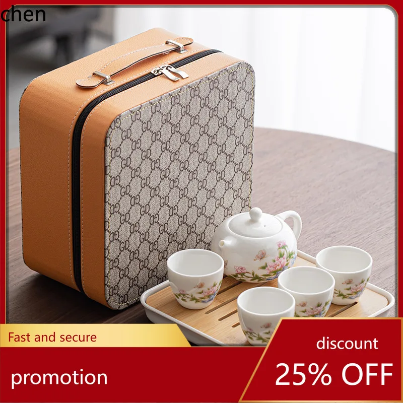 

H1 mutton fat jade porcelain kung fu tea set, one pot, four cups, dry bubble tray, travel suitfor home hotel teapot, small set