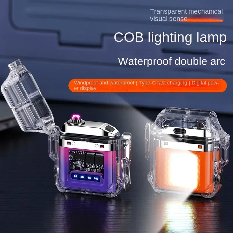 Waterproof Electric Lighter Transparent Shell Double Arc USB Rechargeable Lighter TYPE-C Fast Charge COB Lighting Plasma Lighter