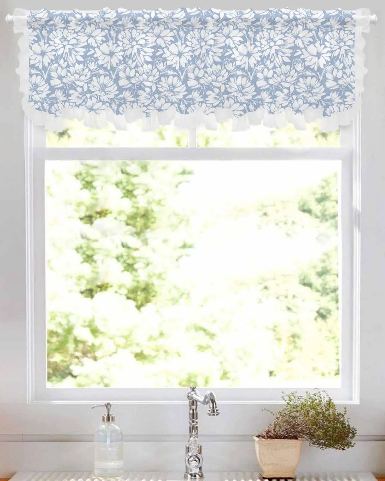 Summer Flower Chrysanthemum Short Tulle Half Curtains for Living Room Kitchen Door Cafe Window Sheer Valance Drapes