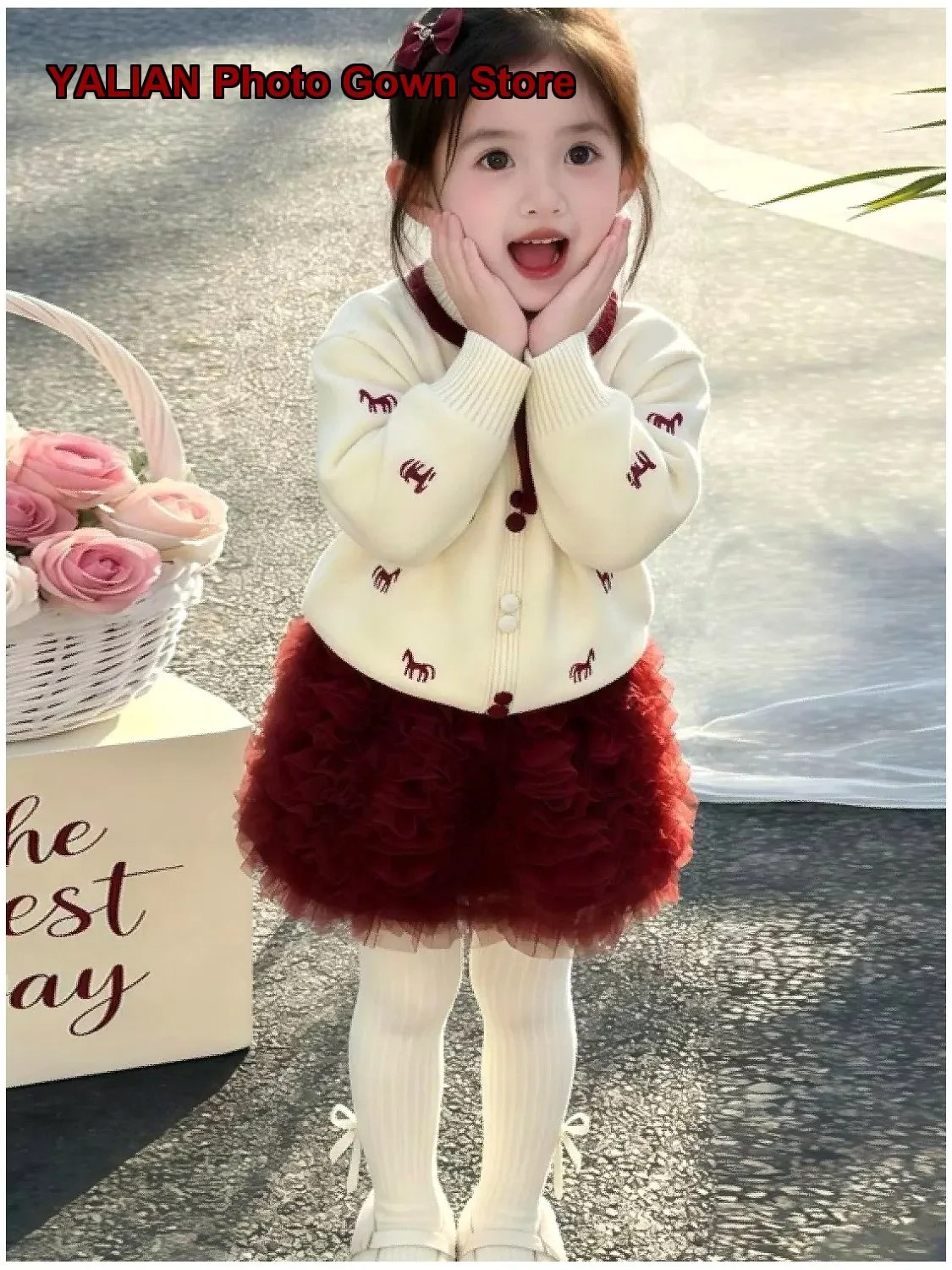 Girls White Embroidered Mesh Cake Skirt 2026 Winter Horse Year Battle Dress