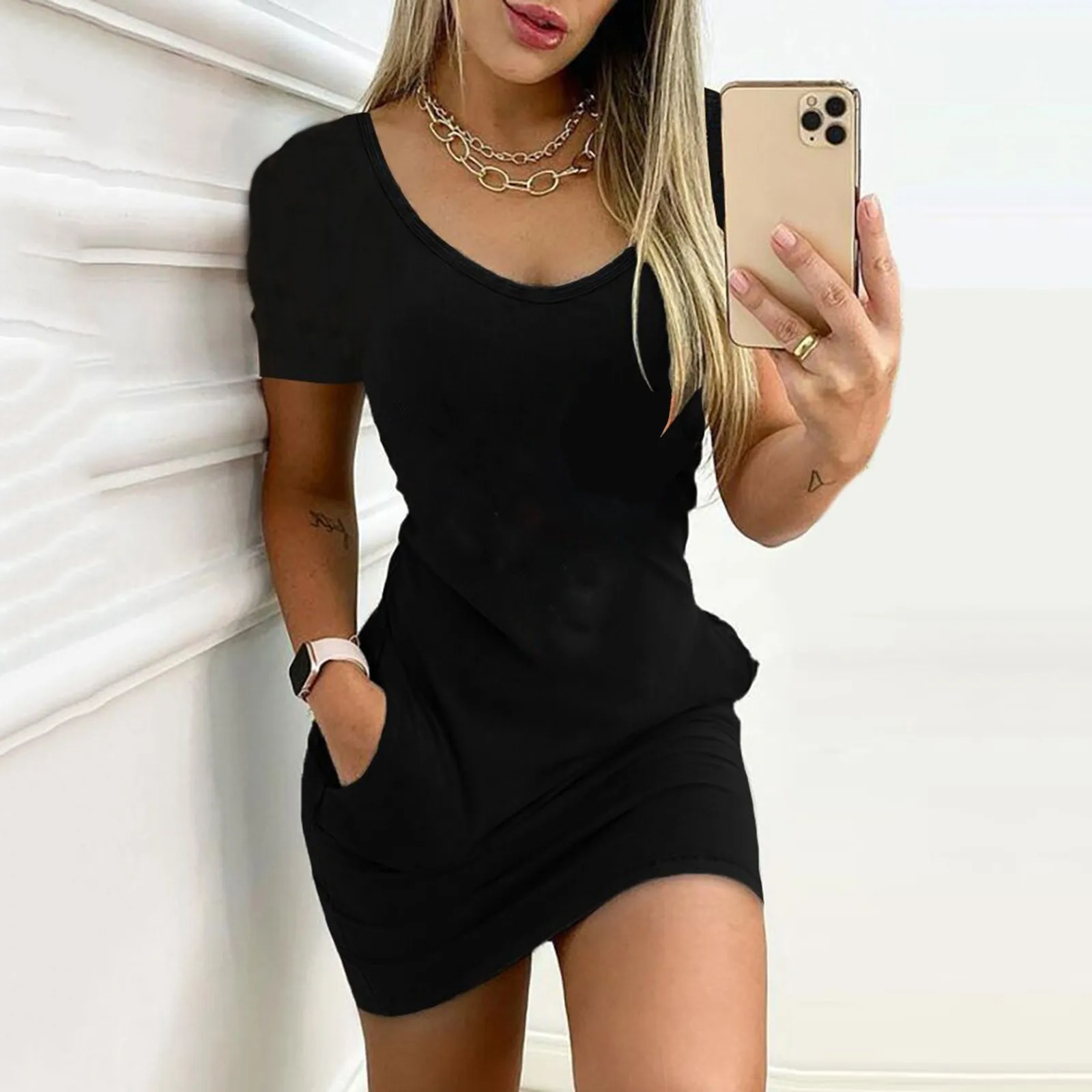 Maxi Dresses Woman 2024 Girl Style Drawstring Dress Short Sleeve Round Neck Mini Dress Solid Colour Cotton Casual T-Shirt Dress