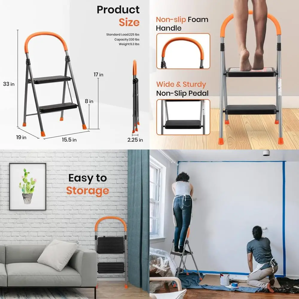 

2 Step Ladder olding Step Stool, 330lbs Heavy-Duty Steel Ladder with Anti-Slip Wide Pedals & Comort Handgrip, Lightweight & Port