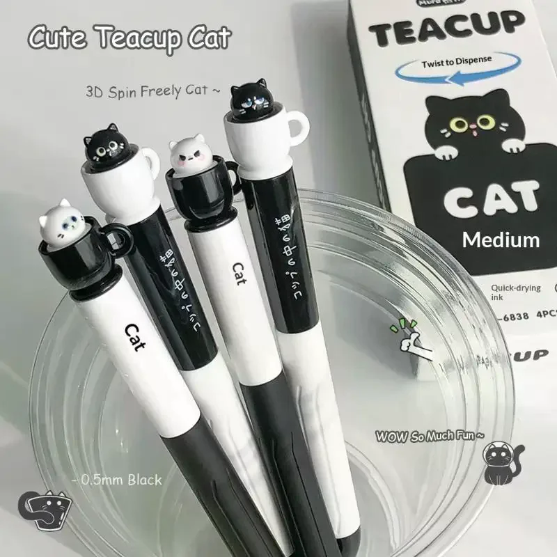 Cute Teacup Cat Gel Pens 0.5mm Quick Dry Rotating Pocket Pen Fun Animal Design for School Office Student Stationery Supplies