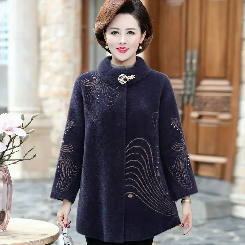 Winter Mother Faux Mink Fleece Jacket 2024 Fall/Winter Fashion Loose Stand Collar Wool Coat Plus Size Loose Warm Women\'s Outwear