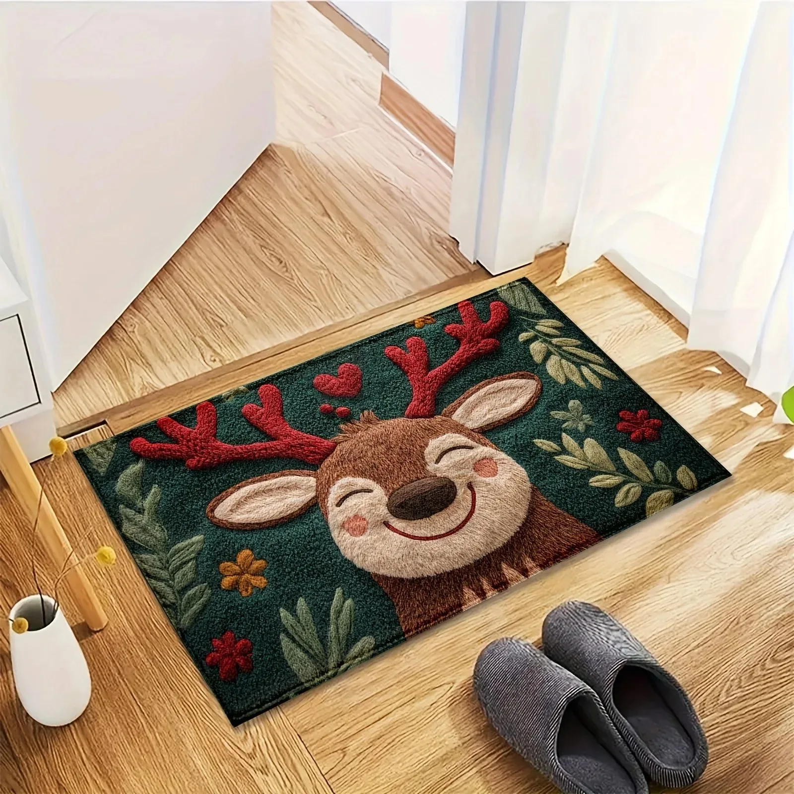 1PCS Fluffy Christmas Deer Microfiber Bath Mat - Quick-Dry & Absorbent, Festive Holiday Design with Red Berries & Green Leaves