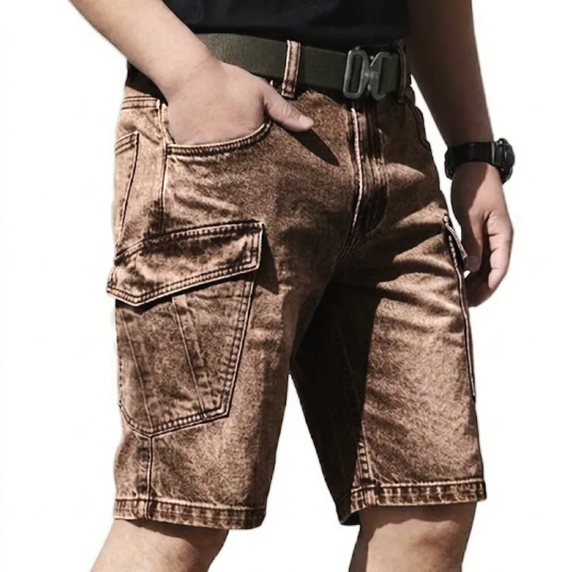 Men Vintage Denim Shorts Summer Solid Color Multi Pocket Knee Length Jean Shorts Streetwear Daily Casual Male Trousers