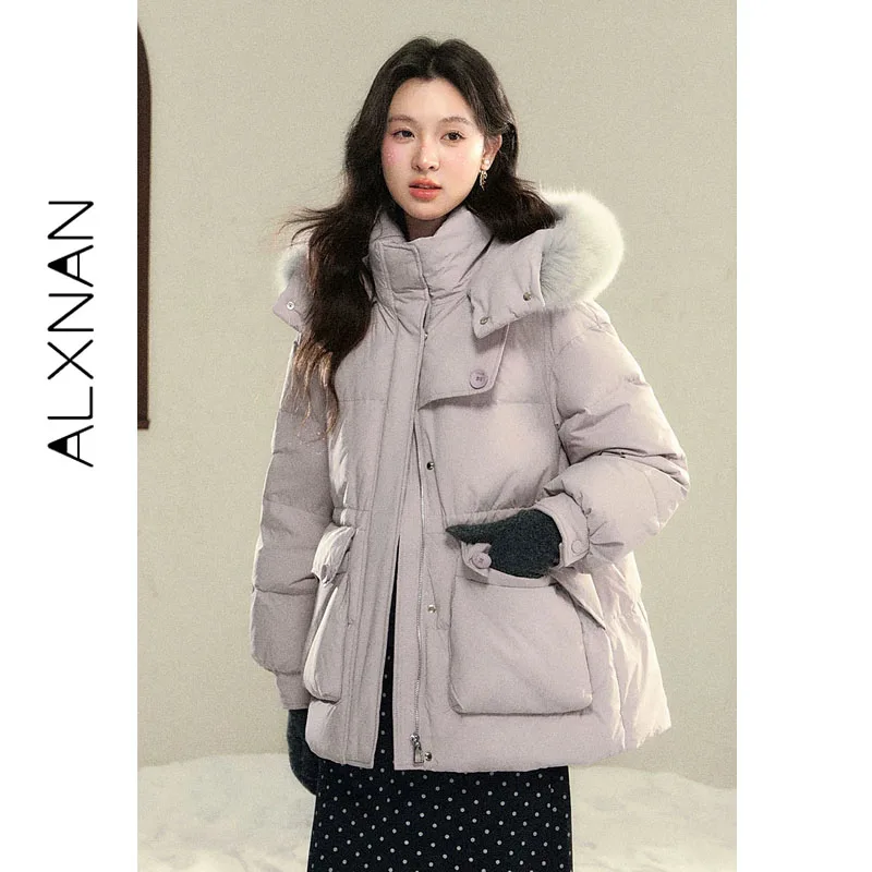 

ALXNAN Women Winter Down Jacket 90% White Duck Down Purple Puffer Coat Fur Collar Thick Warm Hooded Overcoat 2026 L60277