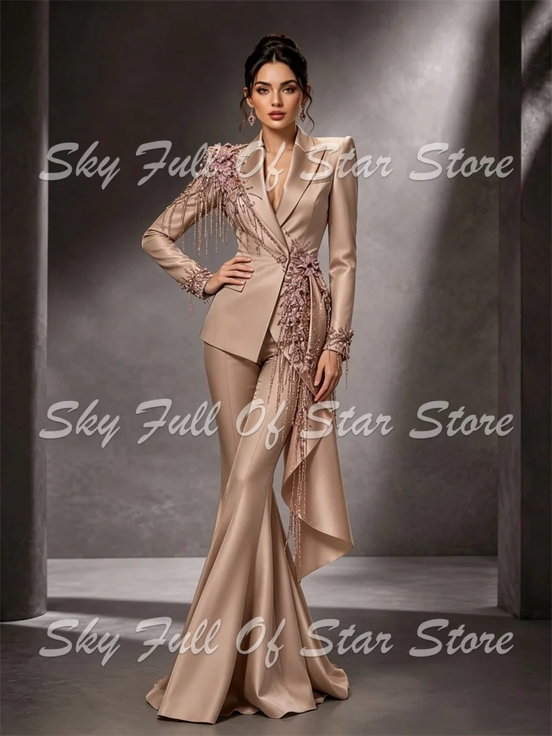 Champagne Women 2 Pcs Suit Set Beaded Tassel Appliques Satin Blazer Flare Pants Custom Formal Evening Wedding Party Lady Coat
