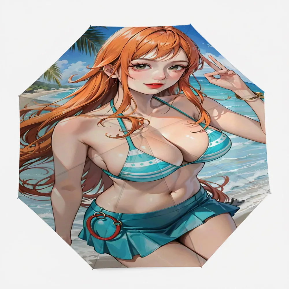 

Зонт автоматический складной One Piece Нами, летний пляжный стиль, синий, с оранжевыми волосами, морской фон, аниме-арт, ветрозащитный, водонепроницаемый
