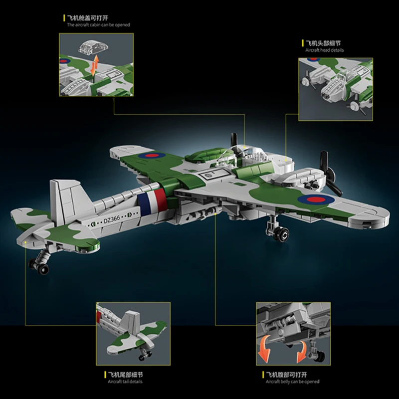 UK Military WW2 De Havilland Mosquito Air Fighter Building Blocks Light Battle Bomber High-tech Bricks Set For Children Toys Kit
