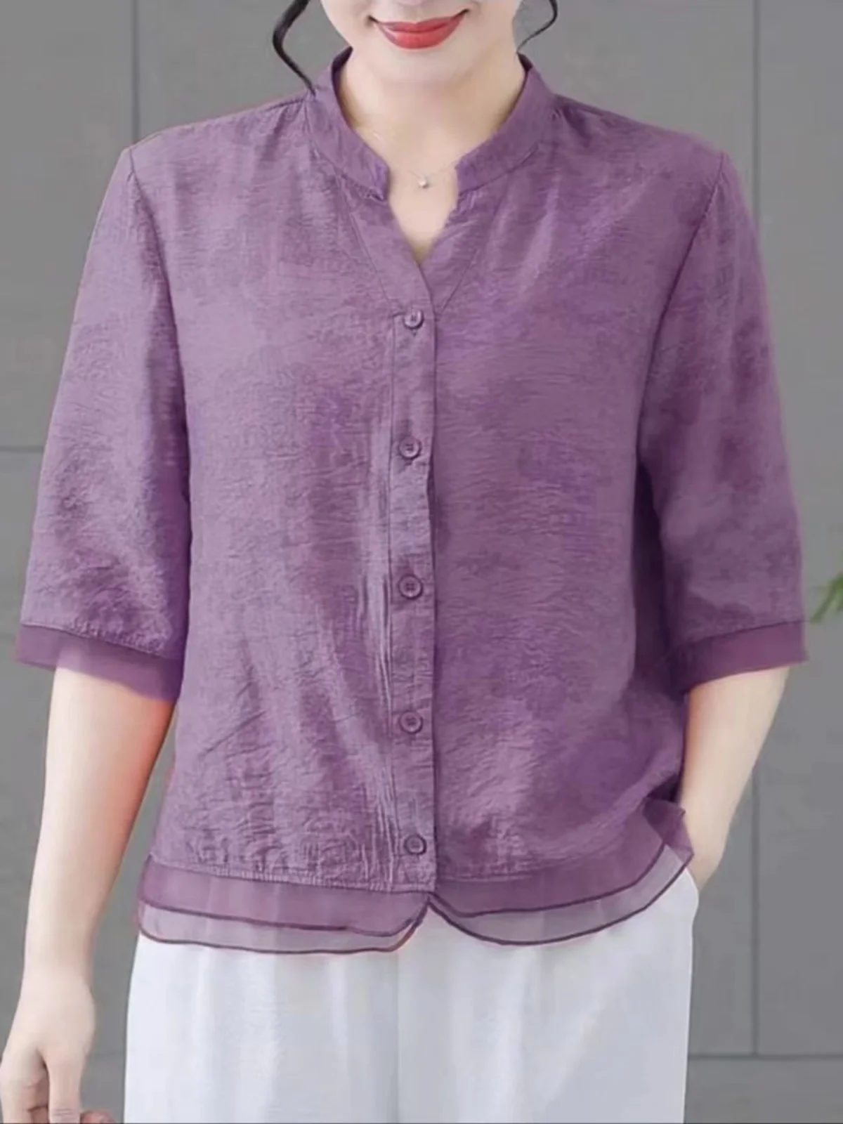 

Slimming Fashionable Casual Thin Shirt V-Neck Mid-Sleeve Summer New Style Large Size Top for Mom 2024 Elegant Shirt