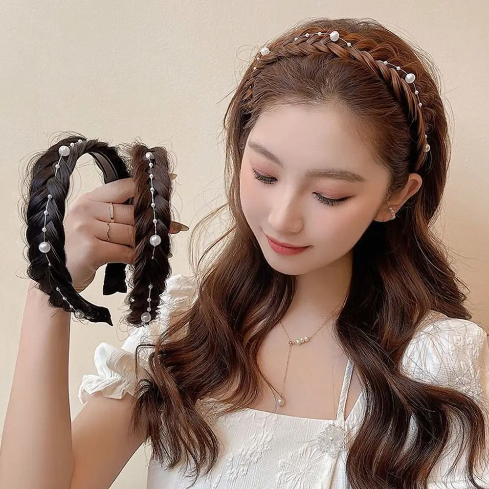 

Retro Synthetic Fishbone Braid Headband Wide Non-slip Twisted Wig Headband Pearl Hair Accessories Women Hair Hoop Girl