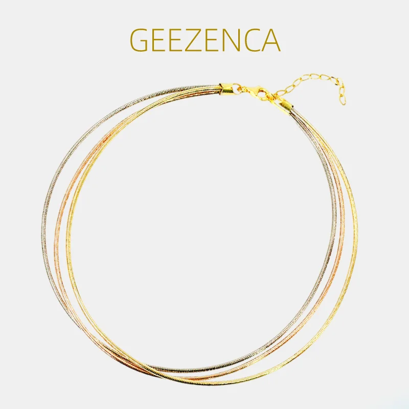 

GEEZENCA Italian Electroplating Craft S925 Silver Tricolor Choker Necklace Multi Chain Torques Necklace High Quality Luxury Gift