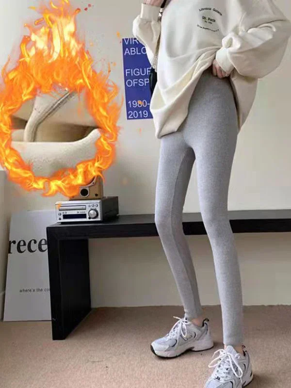 Cinza fino estiramento com nervuras leggings para as mulheres 2024 outono macio quente magro calças justas simples feminino veludo leggings lápis calças