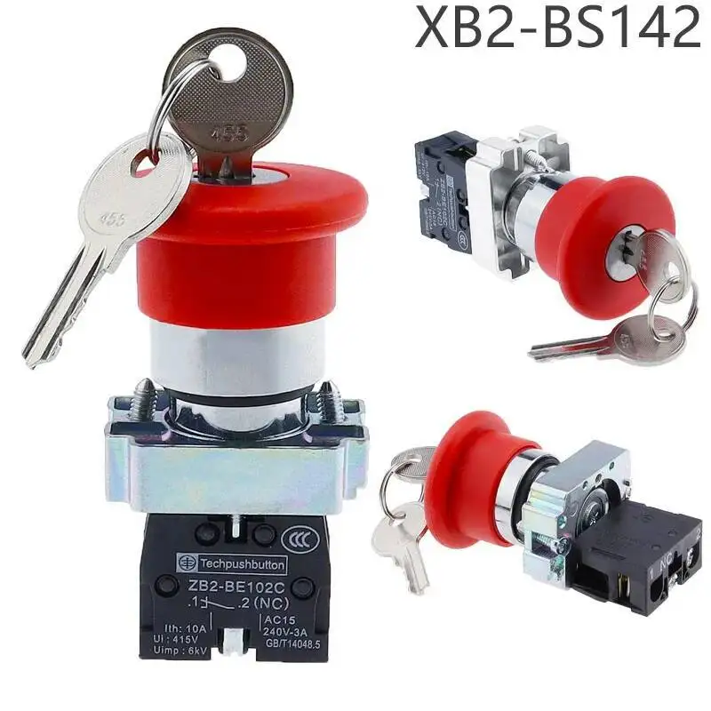 XB2-BS142 Key EmErgEncy Stop Rotary Push Switch 2 Position Locking 22mm 1NC 2NC 1NO/1NC MushrooM Head Button