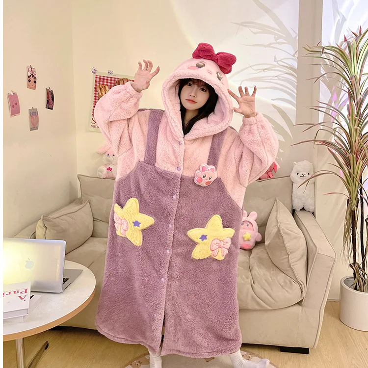 Star Kirby Cartoon Cute Pajamas Winter Plush Long Nightgown Pajamas Pajamas Thickened Fleece Loungewear Robe Set Girl Gifts