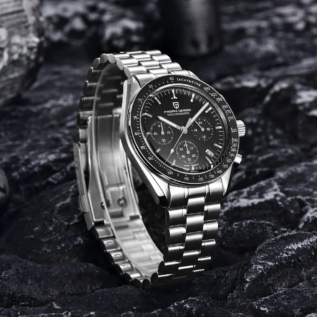 جديد PAGANI تصميم الرجال الساعات الفاخرة ساعة كوارتز للرجال السيارات تاريخ كرونوغراف الياقوت الكريستال VK63 movt الفولاذ المقاوم للصدأ