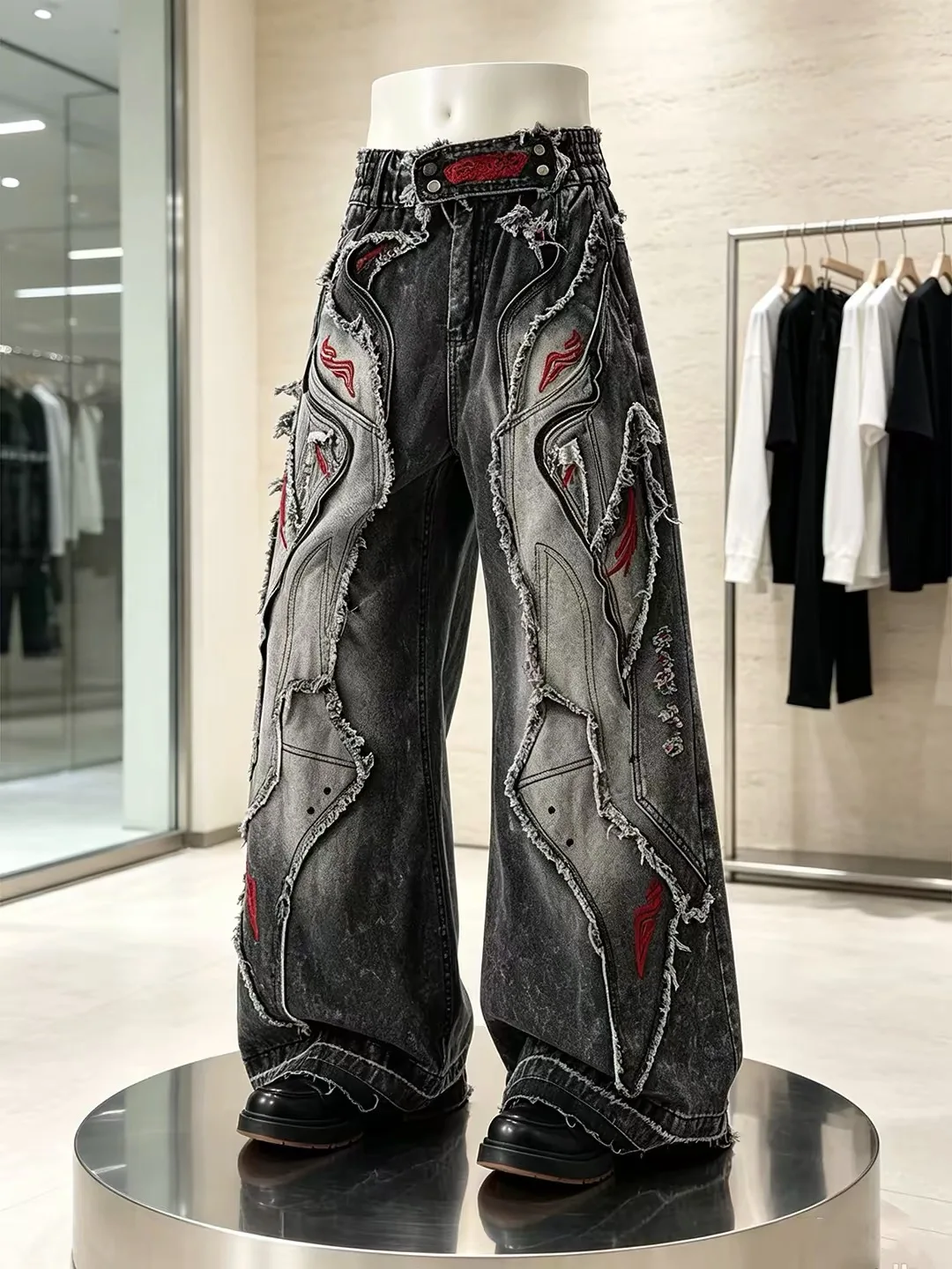 American High Street Punk Subculture Heavy Embroidery Jeans Women's Autumn Hip Hop Street Splicing Embroidery Floor-Length Pants