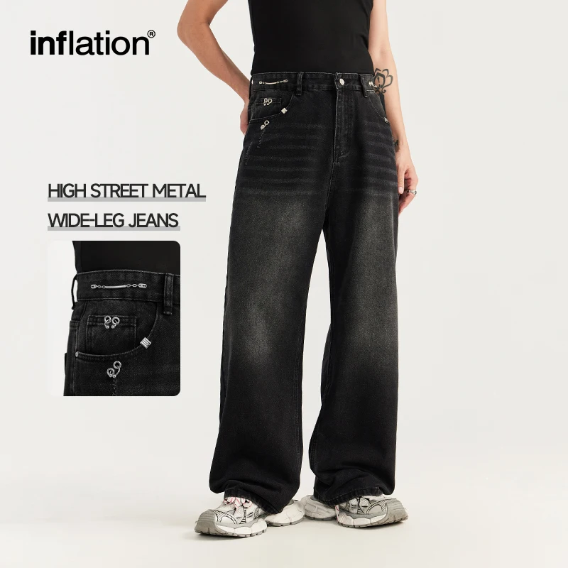 

INFLATION High Street Metal Patched Wide-leg Jeans Men Trendy Wahsed Straight Leg Denim Trousers