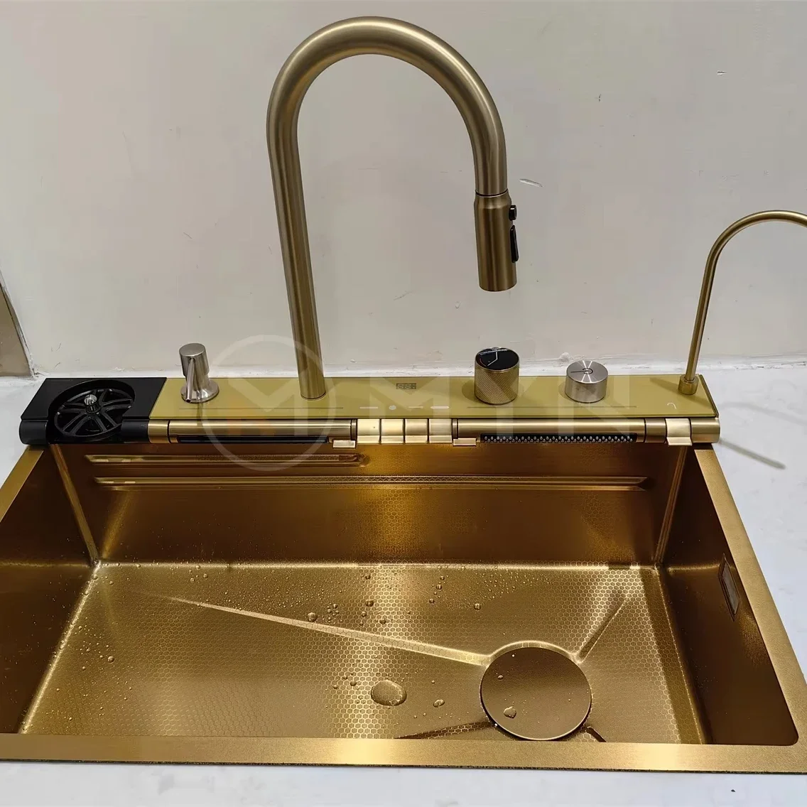 2024 75cm Two Waterfall Faucet Rose Gold  Bionic Honeycomb 304 Stainless Steel Big Single Bowl Digital Kitchen Sink