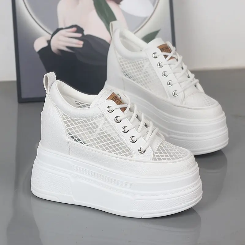 

12CM Women's Platform Shoes Summer Breathable Mesh Female Sneakers Fashion Thick Sole Women Genuine Leather Wedge Chunky Shoe