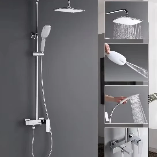 

Brass Single Handle 4-Function Cold Hot Shower Set Soft Rain Jet Pause Massage 3-Hole Polished Finish Ceramic Wall Mount