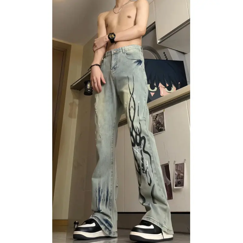 

American High Street Vibe Retro Flared Jeans Men's Fire Residue Print Slimming Straight Leg Jeans Youth Faion Denim Jeans