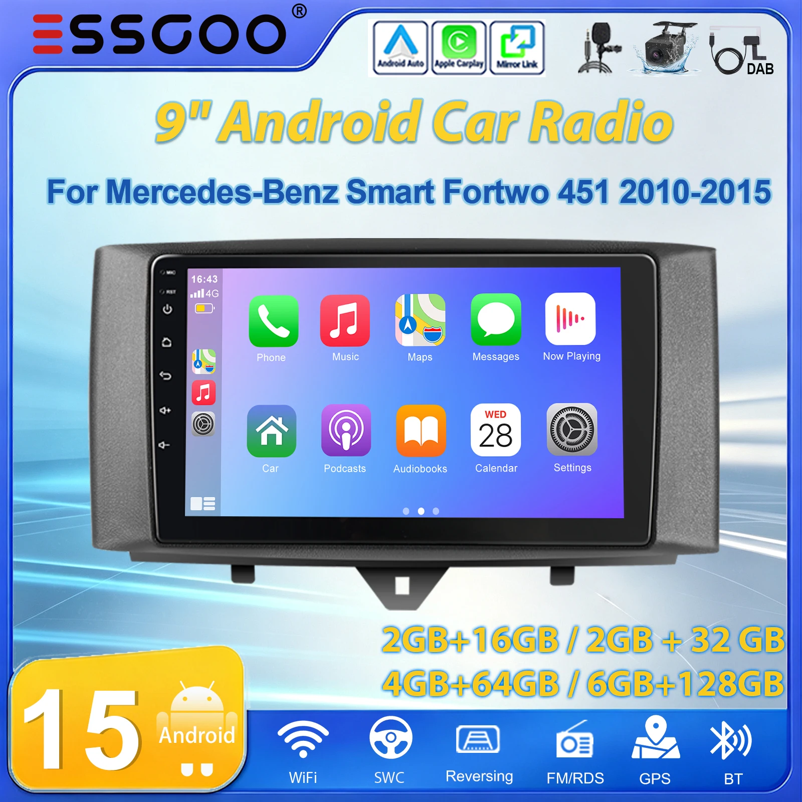 ESSGOO 9" 2 DIN Android 15 Autoradio Wireless CarPlay 2+16G/2+32G/4+64G/6+128G für Mercedes Benz Smart Fortwo 451 (2011-2015) Multimedia-Videoplayer GPS NAVI CarPlay Bildschirm Auto WiFi Mirror Link