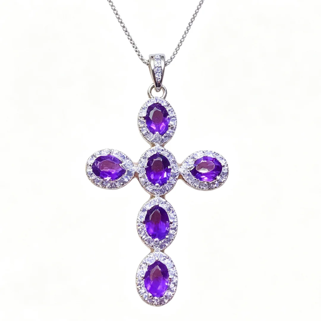 Classic Design Natural Amethyst Pendant S925 Pure Silver Setting Bright Purple Gem Firm Stable Inlay Noble Temperament Gift