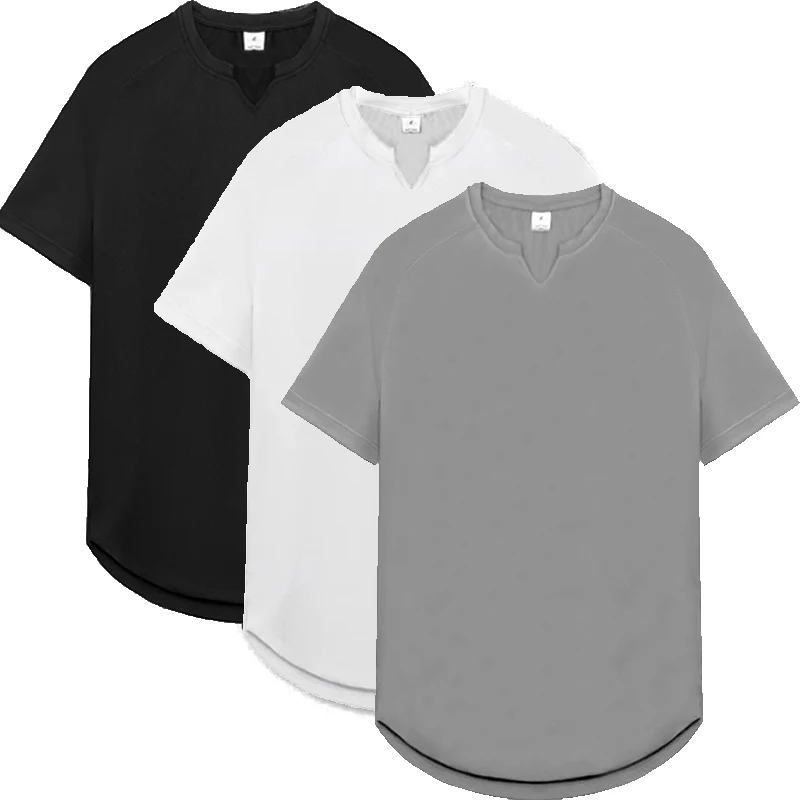 Plain Mens Casual Sport V-neck Clothing Summer Quick Dry Breathable Short Sleeve Shirts Gym Bodybuilding Fitness Muscle T-shirts