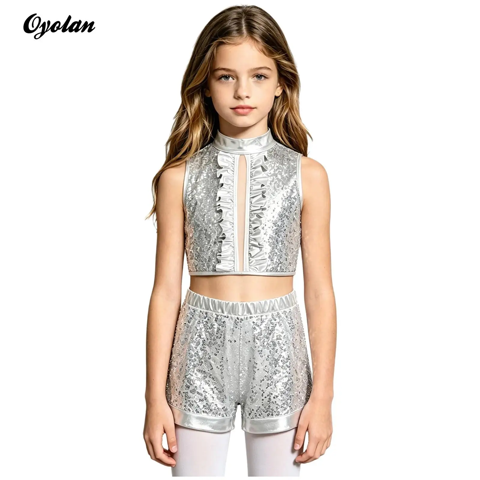 

Kids Girls Sequin Metallic Patchwork Jazz Dance Outfit performance costume Back Invisible Zipper Ruffles Crop Top with Shorts