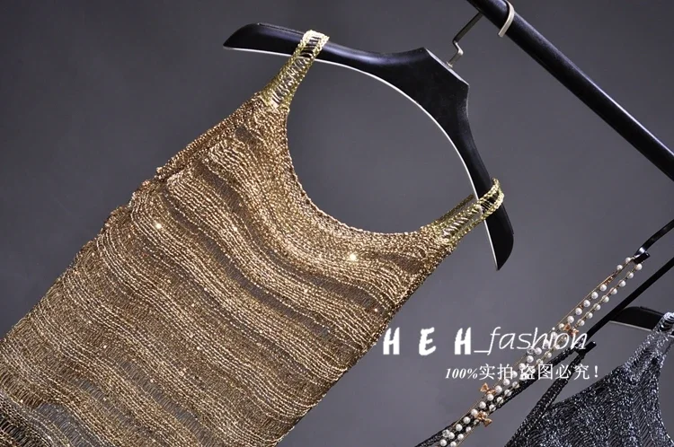 Transparent Knitted Tanks Tops Women Shiny Gold Tanks Women Sleeveless Gold Tank Tops